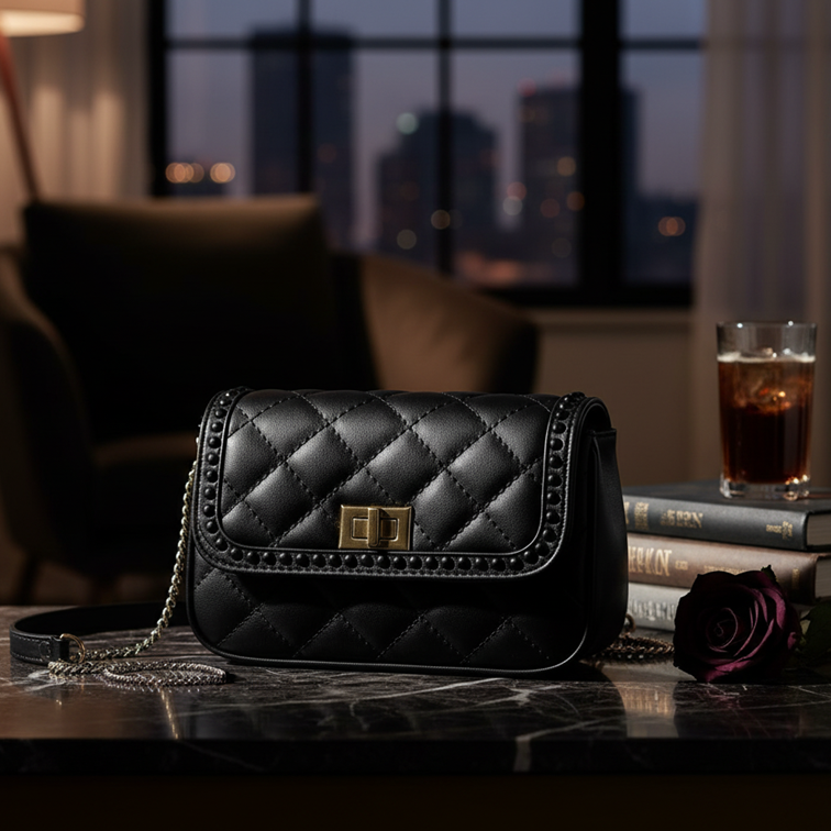 Midnight Chic Studded Quilted Crossbody