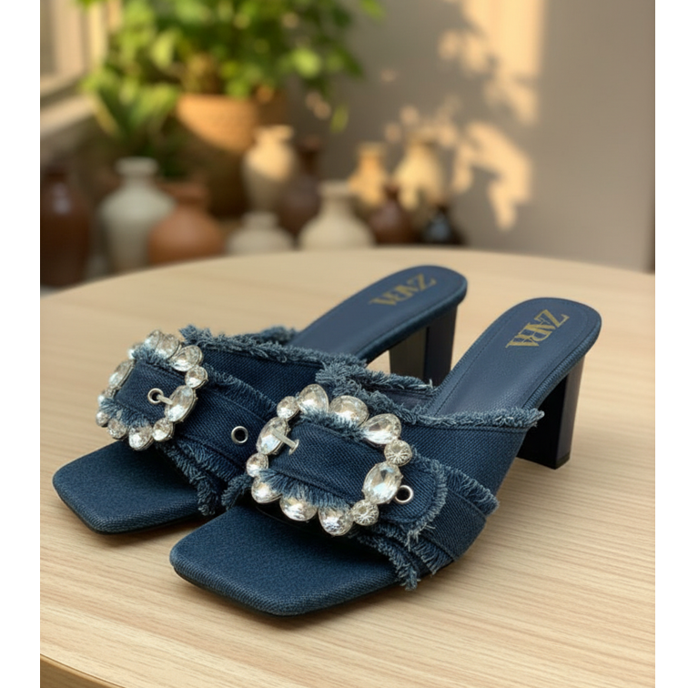 Denim Jewel Buckle Block Heel Mules