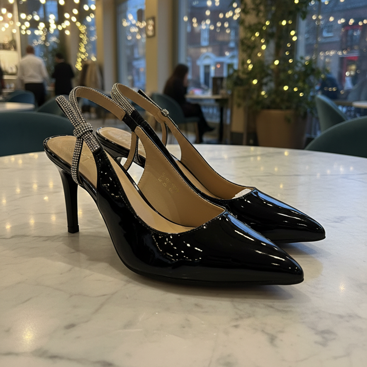 Glimmering Midnight" Patent Slingback Heels