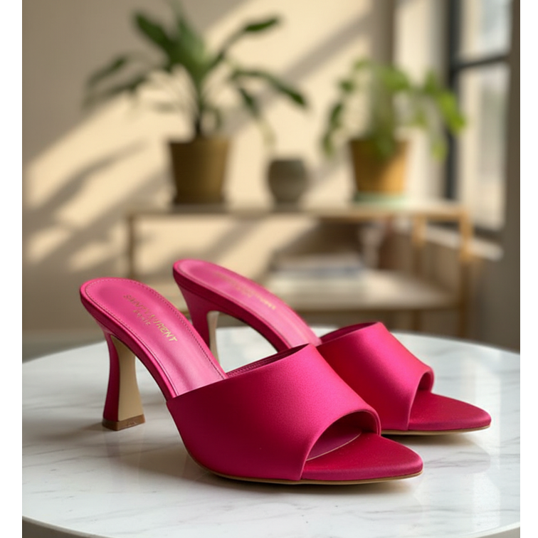 Fuchsia Satin Sculptural Heel Mules