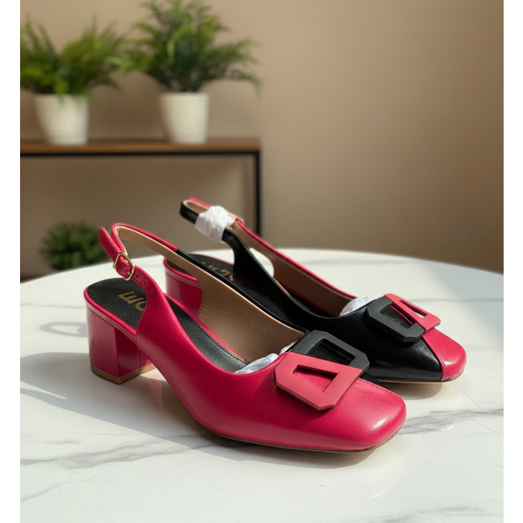 Bold Bi-Color Buckle Slingback Block Heels
