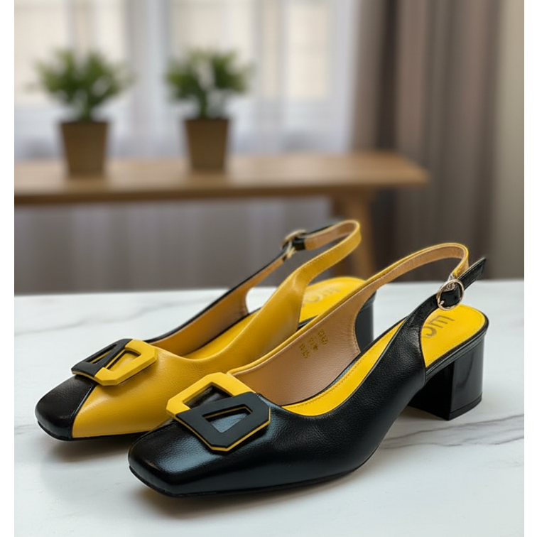 Bold Bi-Color Buckle Slingback Block Heels