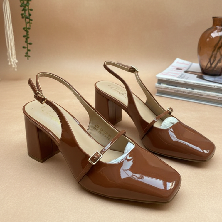 Elegant Patent Brown Slingback Block Heels
