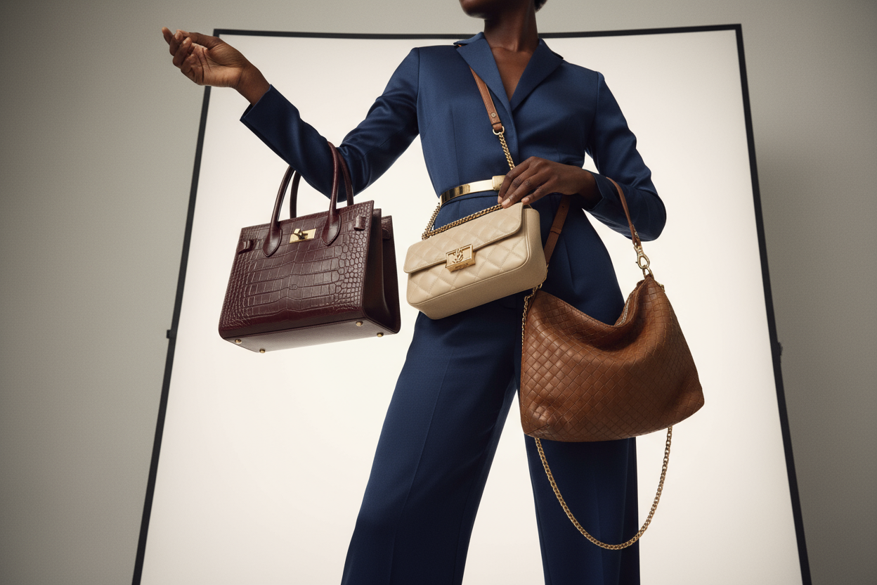 a luxury photo of a black ladies body without her face modeling premium hand bags