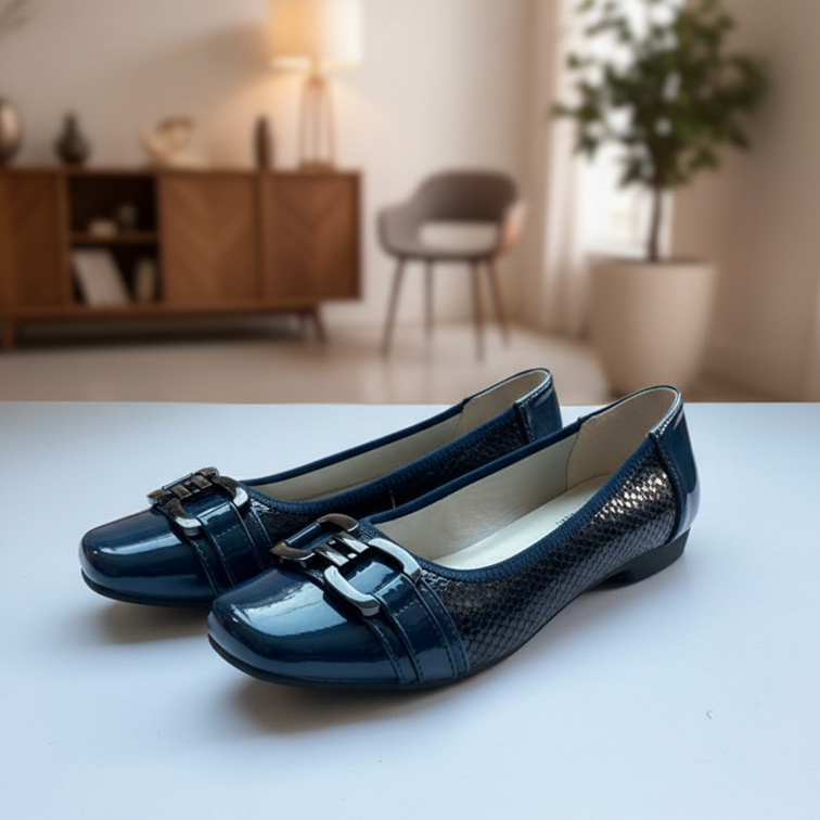 THREE S Navy Patent and Embossed Slip-On Flats