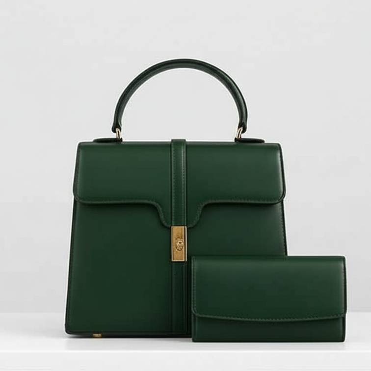 Emerald Elegance" Top-Handle Satchel & Wallet Set