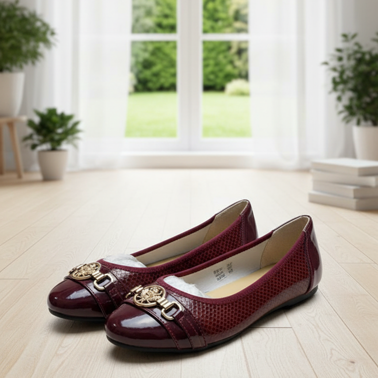 Burgundy Patent and Embossed Slip-On Flats with Gold Buckle