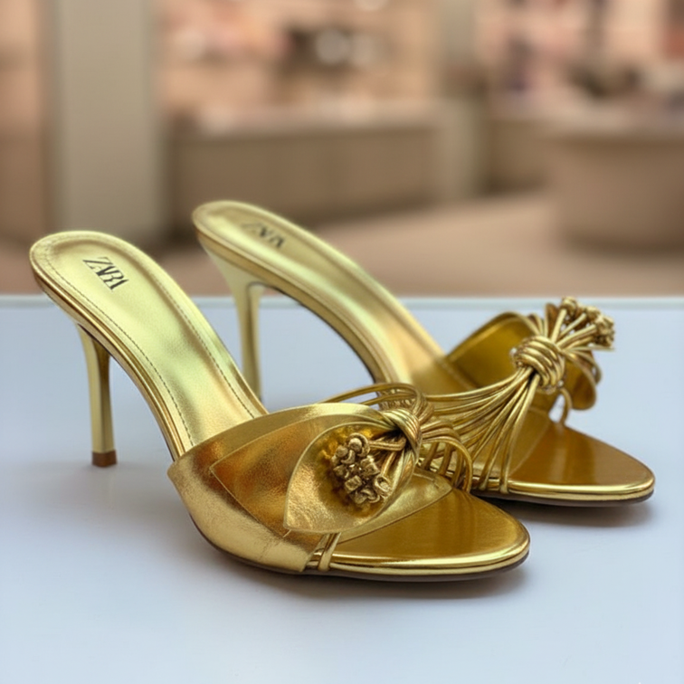 Luminous Gold Knotted Strap Stiletto Mules