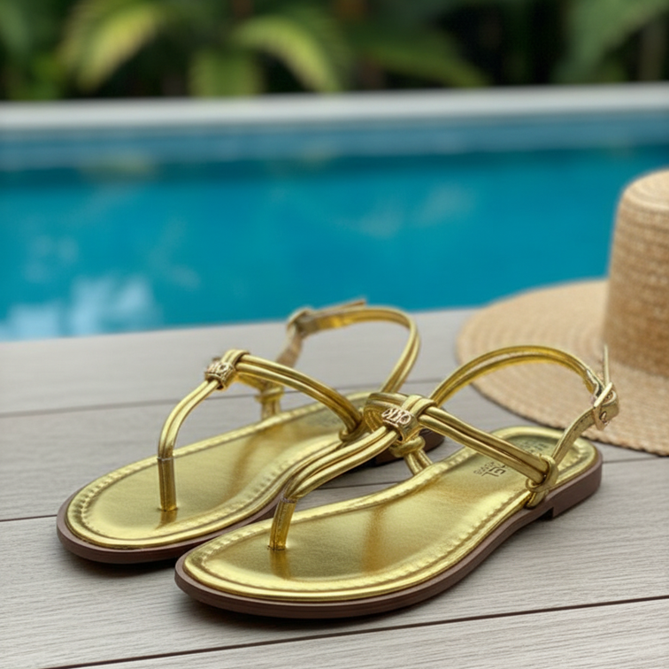 Glimmering Gold Strappy Thong Sandals
