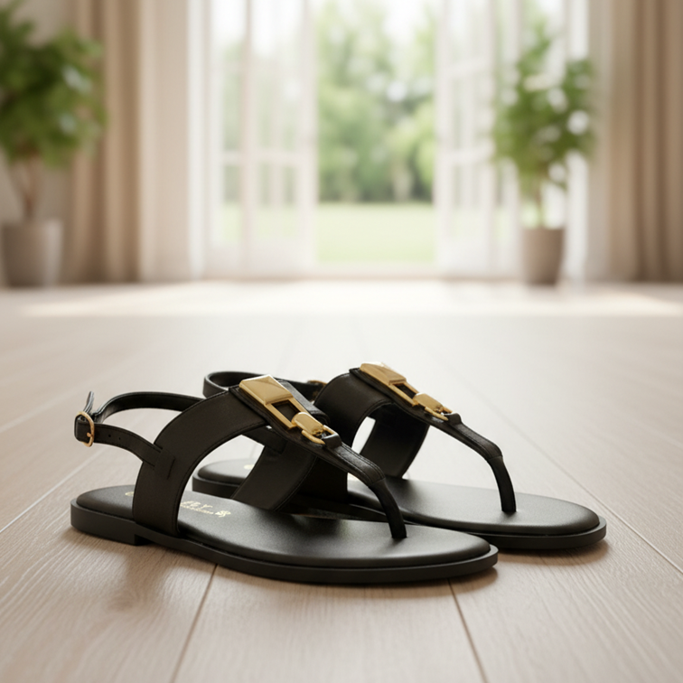 Chic Black Thong Sandals with Gold Bar Detail