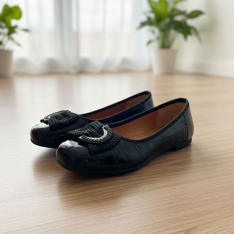 Black Patent Croc-Embossed Flats with Embellished Buckle