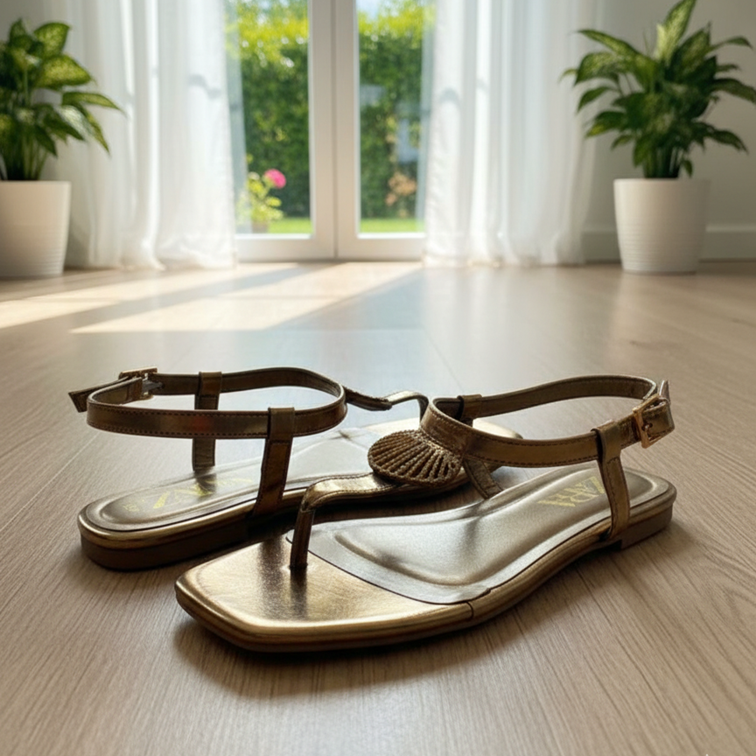 Radiant Bronze Thong Sandals with Scallop Embellishment