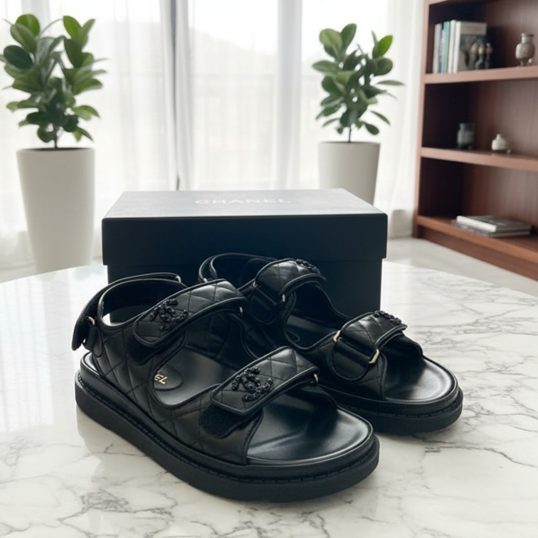 Quilted Black Leather Sport Sandals